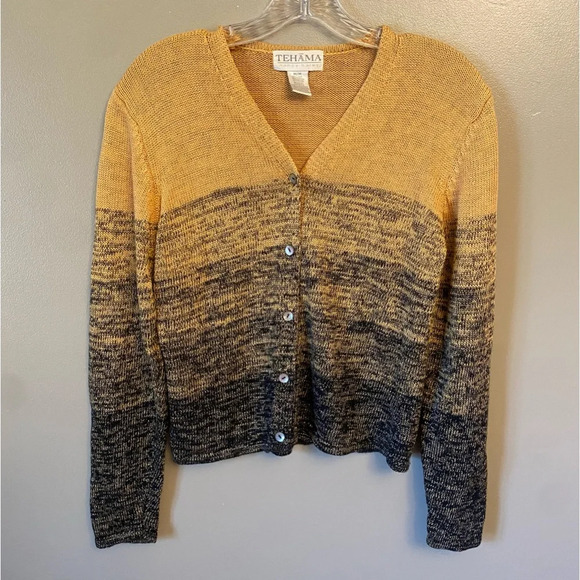 Tehama Nancy Haley Yellow Black stripe Button Down Cardigan linen cotton blend M - Picture 1 of 8